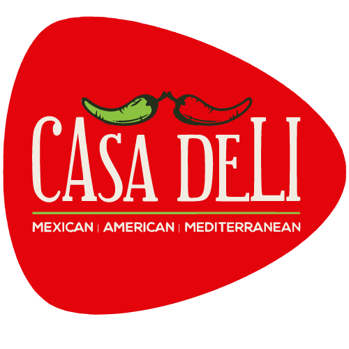 Casa Deli logo featuring a red oval background with white text and green and red chili peppers